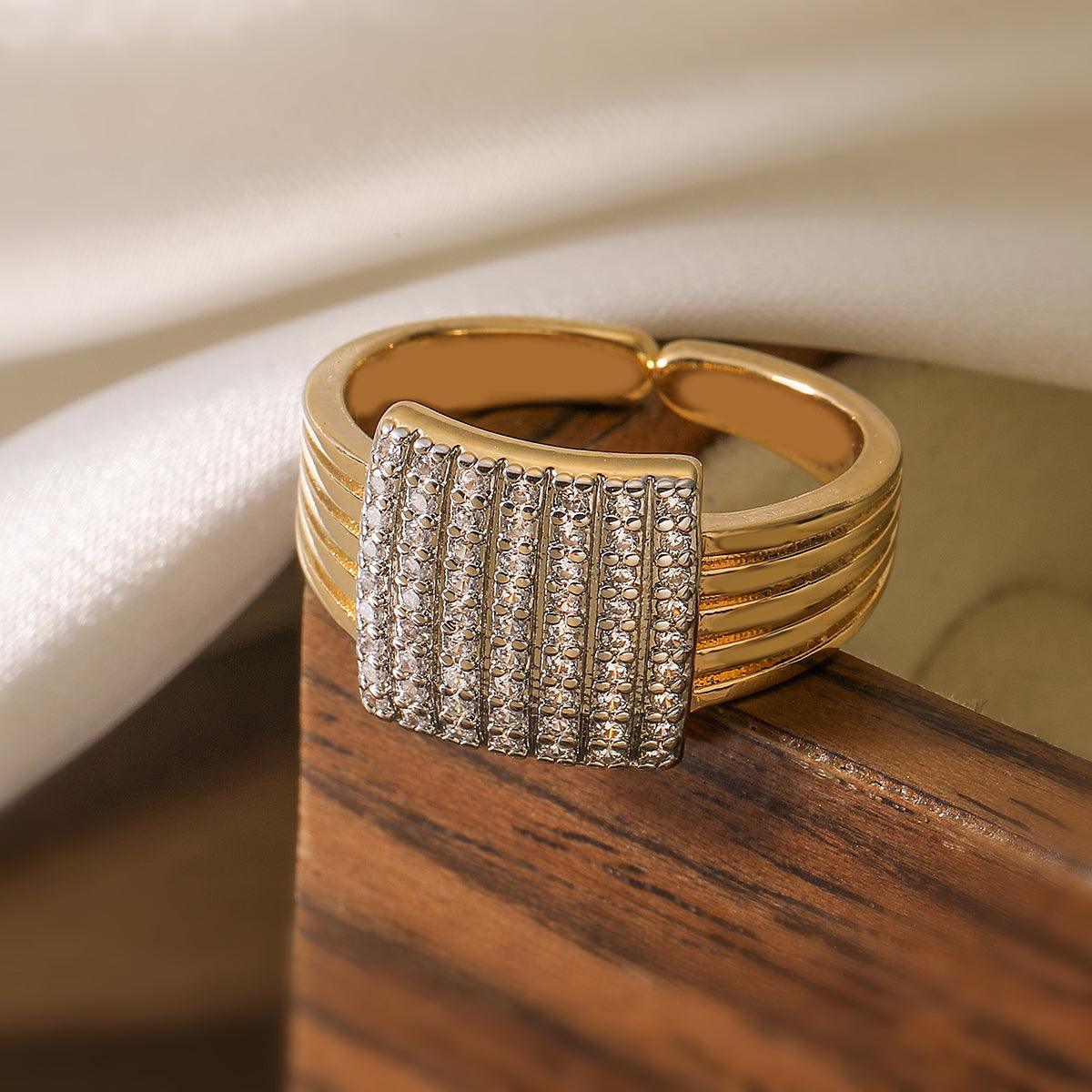 Wholesale IG Style Geometric Solid Color Copper Inlay 18K Gold Plated Zircon Open Rings - coojewelry
