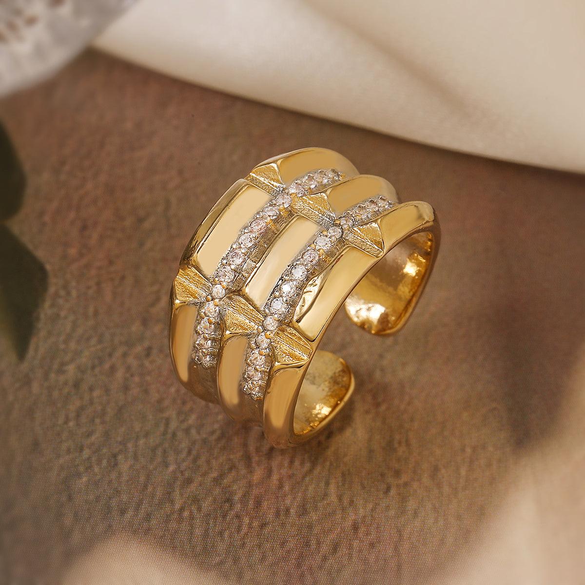 Wholesale IG Style Geometric Solid Color Copper Inlay 18K Gold Plated Zircon Open Rings - coojewelry