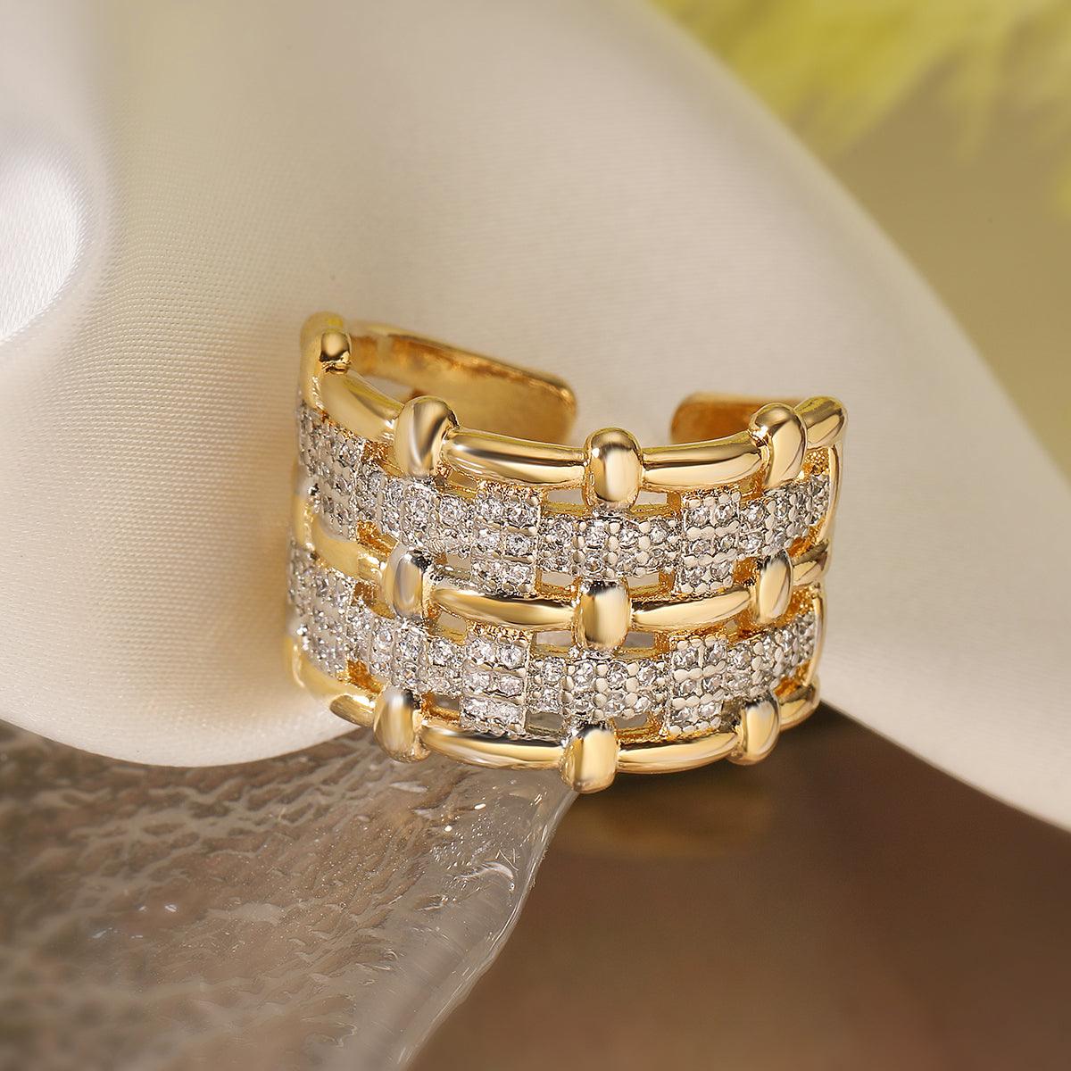 Wholesale IG Style Geometric Solid Color Copper Inlay 18K Gold Plated Zircon Open Rings - coojewelry