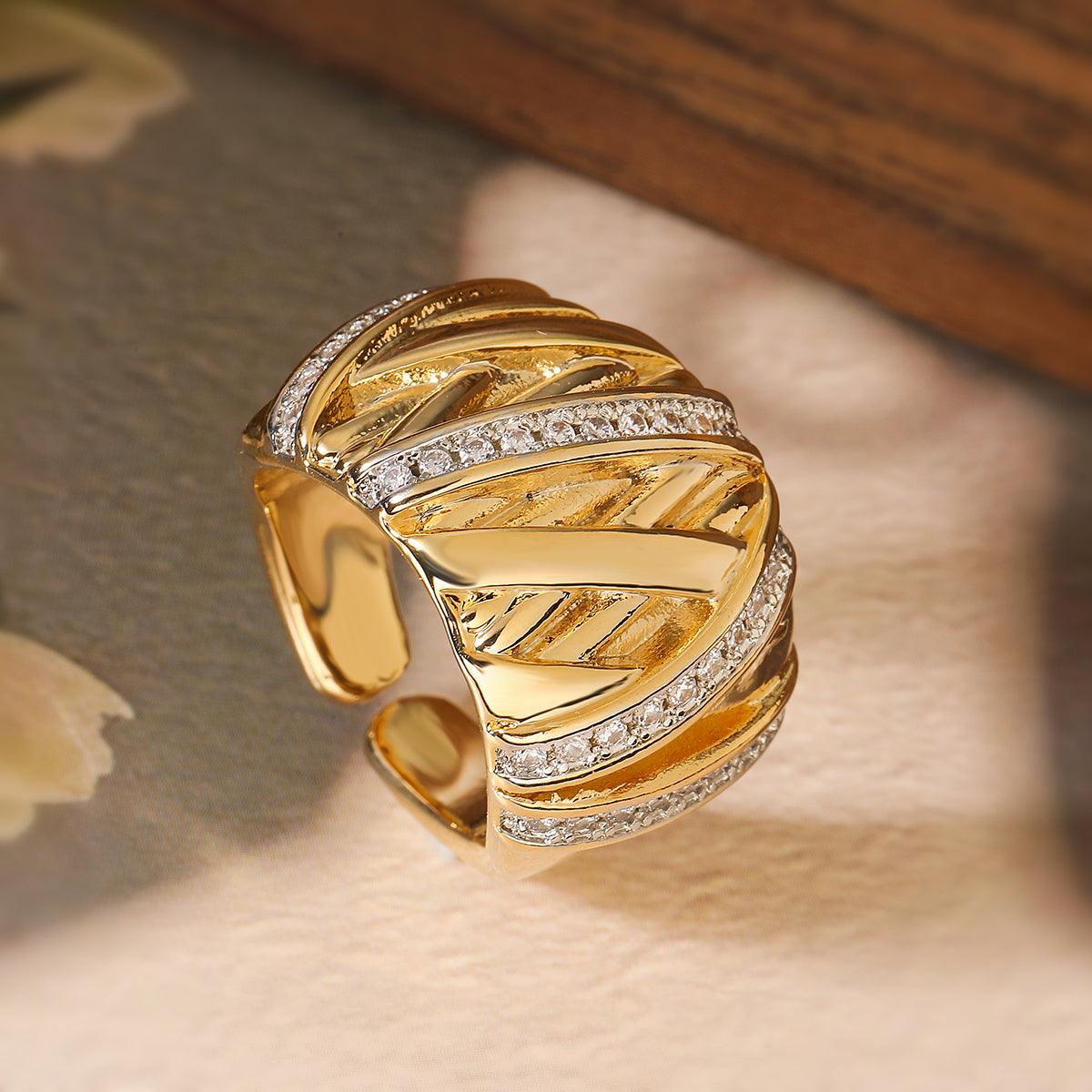 Wholesale IG Style Geometric Solid Color Copper Inlay 18K Gold Plated Zircon Open Rings - coojewelry