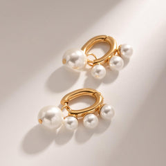 Wholesale IG Style Geometric Stainless Steel 18K Gold Plated Drop Earrings with Artificial Pearls Pair - coojewelry