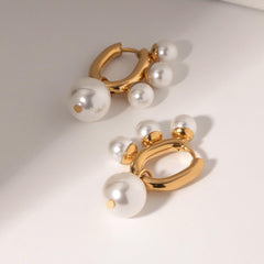 Wholesale IG Style Geometric Stainless Steel 18K Gold Plated Drop Earrings with Artificial Pearls Pair - coojewelry