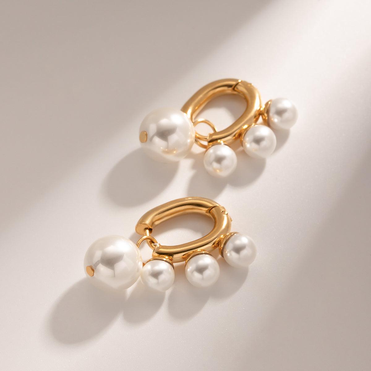 Wholesale IG Style Geometric Stainless Steel 18K Gold Plated Drop Earrings with Artificial Pearls Pair - coojewelry