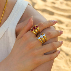 Wholesale IG Style Oval Stainless Steel Wide Band Rings | 18K Gold Plated with Zircon Layered Plating - coojewelry