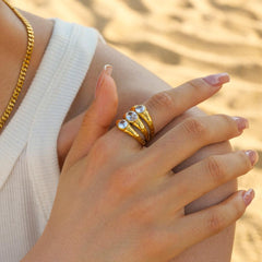 Wholesale IG Style Oval Stainless Steel Wide Band Rings | 18K Gold Plated with Zircon Layered Plating - coojewelry