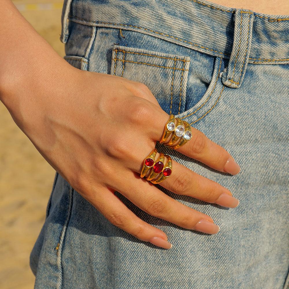 Wholesale IG Style Oval Stainless Steel Wide Band Rings | 18K Gold Plated with Zircon Layered Plating - coojewelry
