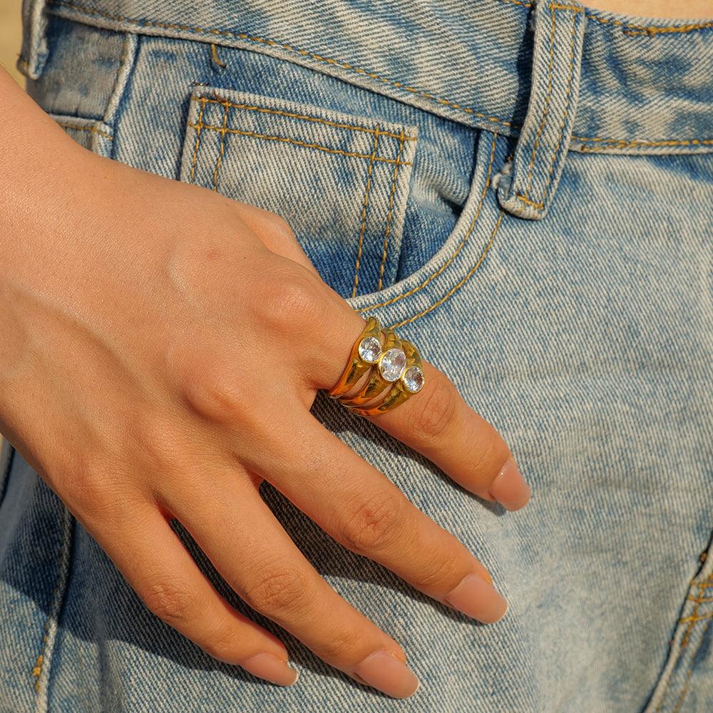 Wholesale IG Style Oval Stainless Steel Wide Band Rings | 18K Gold Plated with Zircon Layered Plating - coojewelry