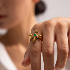 Wholesale IG Style Retro Streetwear Cross Stainless Steel Rings 18K Gold Plated with Artificial Gemstone Inlay - coojewelry