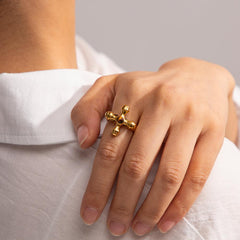 Wholesale IG Style Retro Streetwear Cross Stainless Steel Rings 18K Gold Plated with Artificial Gemstone Inlay - coojewelry