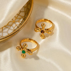 Wholesale IG Style Retro Streetwear Cross Stainless Steel Rings 18K Gold Plated with Artificial Gemstone Inlay - coojewelry