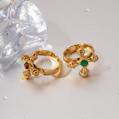 Wholesale IG Style Retro Streetwear Cross Stainless Steel Rings 18K Gold Plated with Artificial Gemstone Inlay - coojewelry