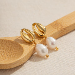 Wholesale IG Style Shell Pearl 304 Stainless Steel 18K Gold Plated Drop Earrings for Trendy Women - coojewelry