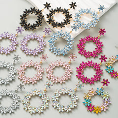 Wholesale IG Style Shiny Circle Flower Inlay Alloy Zircon Drop Earrings - coojewelry