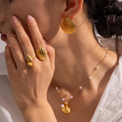 Wholesale IG Style Simple Shell Stainless Steel Open Rings  18K Gold Plated - coojewelry