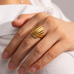 Wholesale IG Style Simple Shell Stainless Steel Open Rings  18K Gold Plated - coojewelry