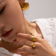 Wholesale IG Style Simple Shell Stainless Steel Open Rings  18K Gold Plated - coojewelry