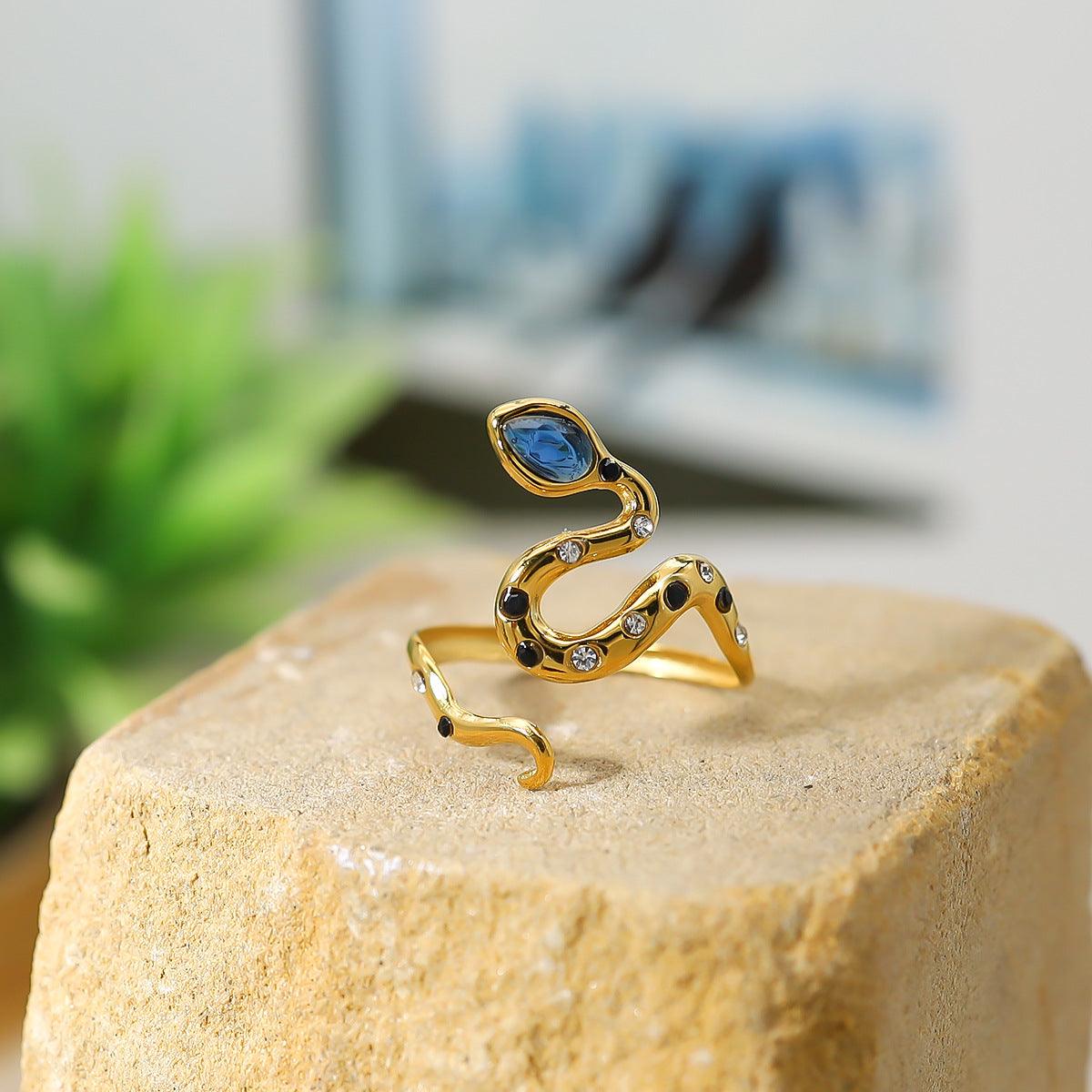 Wholesale IG Style Vacation Snake Titanium Steel Plating Inlay Zircon 18K Gold Plated Open Rings - coojewelry
