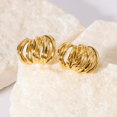 Wholesale IG Style Vintage Simple Lines Three-dimensional Hollow Out 316 Stainless Steel 18K Gold Plated Ear Studs Pair - coojewelry