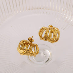 Wholesale IG Style Vintage Simple Lines Three-dimensional Hollow Out 316 Stainless Steel 18K Gold Plated Ear Studs Pair - coojewelry