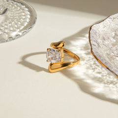 Wholesale Jewelry IG Style Geometric Square Stainless Steel Zircon 18K Gold Plated Open Rings - coojewelry
