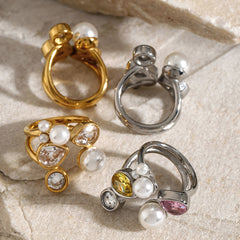 Wholesale Jewelry IG Style Irregular Geometric Stainless Steel Pearl Zircon 18K Gold Plated Rings - coojewelry