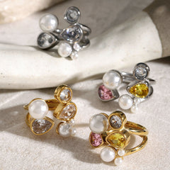 Wholesale Jewelry IG Style Irregular Geometric Stainless Steel Pearl Zircon 18K Gold Plated Rings - coojewelry