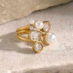 Wholesale Jewelry IG Style Irregular Geometric Stainless Steel Pearl Zircon 18K Gold Plated Rings - coojewelry