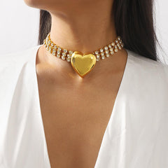 Wholesale Jewelry Modern Style Simple Style Heart Shape Iron Rhinestones Inlay Pendant Necklace - coojewelry