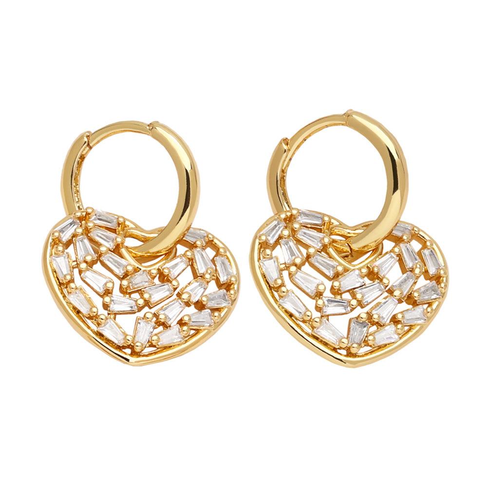Wholesale Modern Simple Style Heart Shape Hollow Out Inlay Copper Zircon 18K Gold Plated Drop Earrings Pair - coojewelry