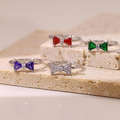 Wholesale Princess Lady Sweet Bow Knot Rings Stainless Steel with Zircon Inlay - coojewelry