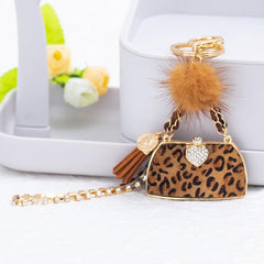 Wholesale Retro Bag Heart Shape Leopard PU Leather Keychain | Rhinestone Inlay, Women's Bag Pendant - coojewelry