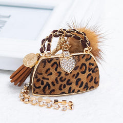 Wholesale Retro Bag Heart Shape Leopard PU Leather Keychain | Rhinestone Inlay, Women's Bag Pendant - coojewelry