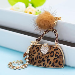 Wholesale Retro Bag Heart Shape Leopard PU Leather Keychain | Rhinestone Inlay, Women's Bag Pendant - coojewelry