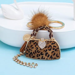 Wholesale Retro Bag Heart Shape Leopard PU Leather Keychain | Rhinestone Inlay, Women's Bag Pendant - coojewelry