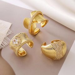 Wholesale Retro Exaggerated Simple Style Geometric Copper Plating Inlay 18K Gold Plated Zircon Open Rings - coojewelry