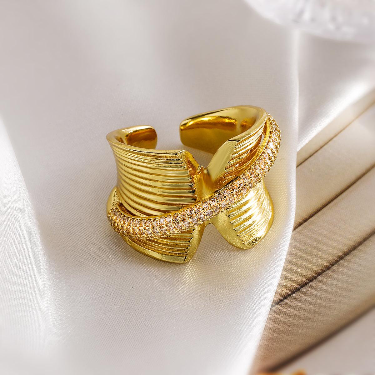 Wholesale Retro Exaggerated Simple Style Geometric Copper Plating Inlay 18K Gold Plated Zircon Open Rings - coojewelry