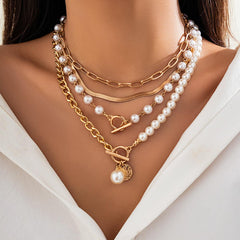 Wholesale Retro French Sweet Irregular Round Imitation Pearl Alloy Copper Tassel Layered Necklace - coojewelry