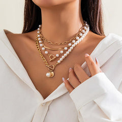 Wholesale Retro French Sweet Irregular Round Imitation Pearl Alloy Copper Tassel Layered Necklace - coojewelry