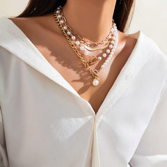 Wholesale Retro French Sweet Irregular Round Imitation Pearl Alloy Copper Tassel Layered Necklace - coojewelry