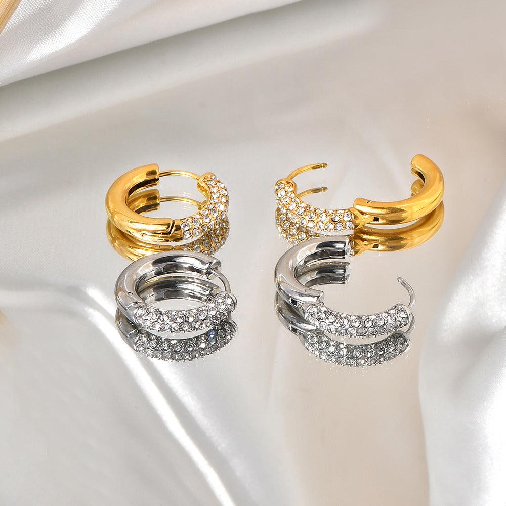 Wholesale Retro Geometric Inlay Titanium Steel Zircon 18K Gold Plated Earrings Pair - coojewelry