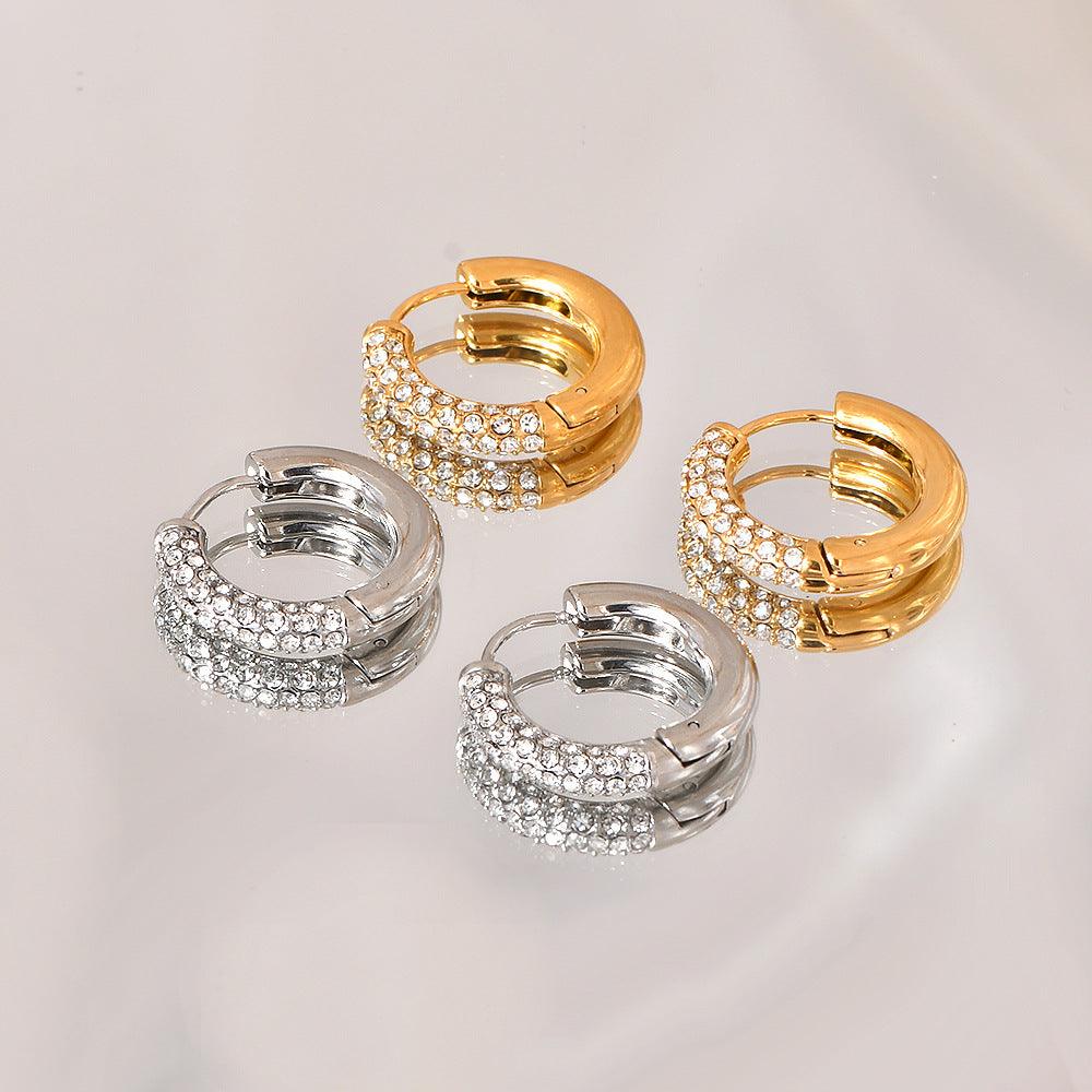 Wholesale Retro Geometric Inlay Titanium Steel Zircon 18K Gold Plated Earrings Pair - coojewelry