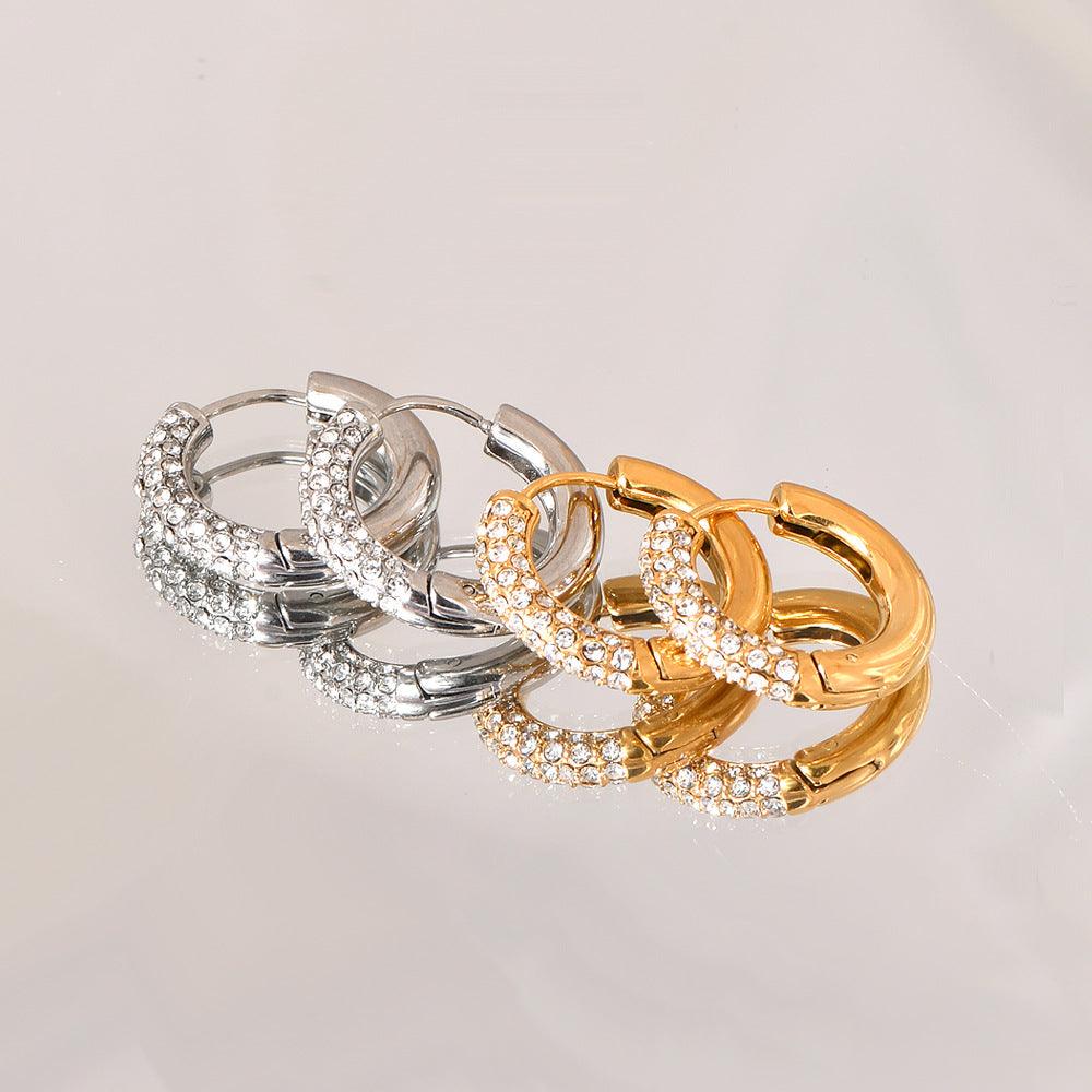 Wholesale Retro Geometric Inlay Titanium Steel Zircon 18K Gold Plated Earrings Pair - coojewelry
