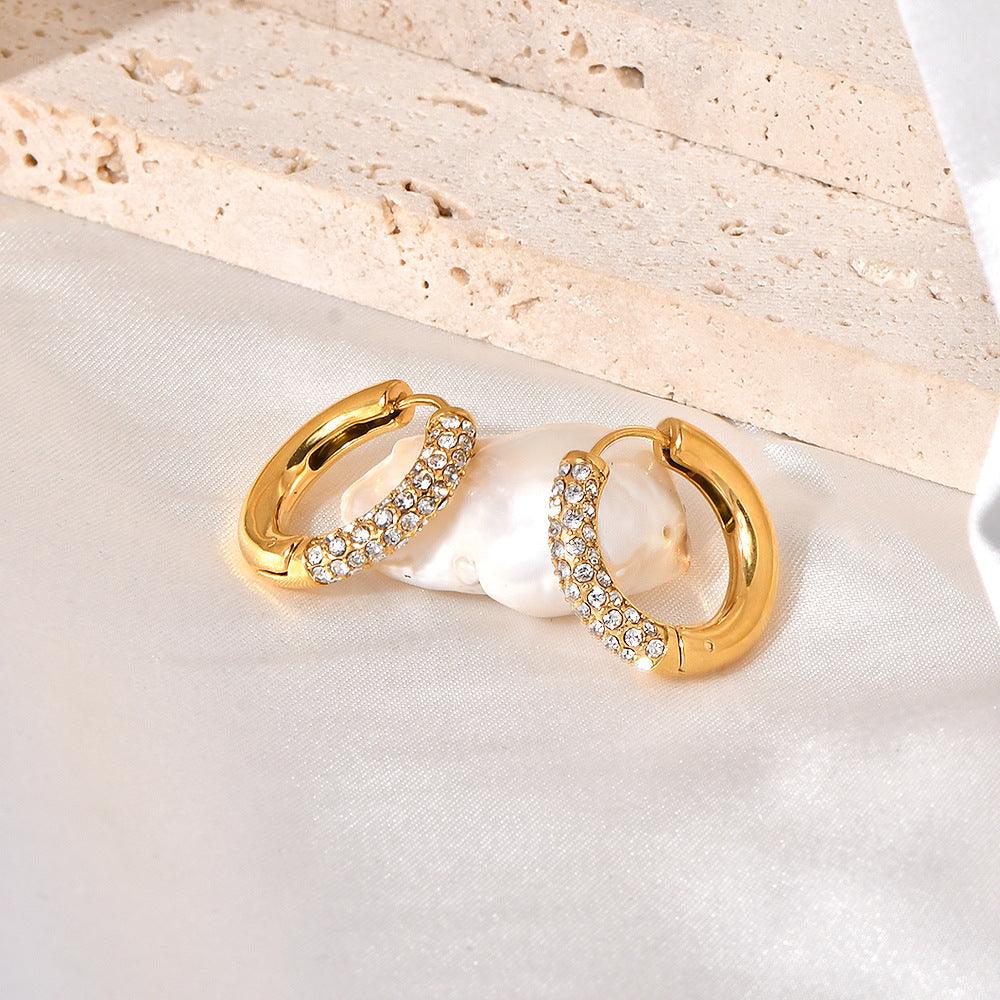 Wholesale Retro Geometric Inlay Titanium Steel Zircon 18K Gold Plated Earrings Pair - coojewelry
