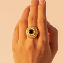 Wholesale Retro Roman Style Geometric Stainless Steel Open Rings 18K Gold Plated with Agate Inlay - coojewelry
