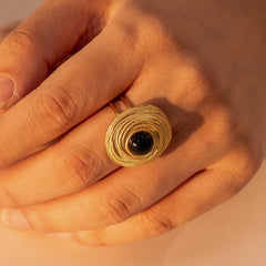 Wholesale Retro Roman Style Geometric Stainless Steel Open Rings 18K Gold Plated with Agate Inlay - coojewelry
