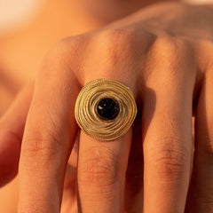 Wholesale Retro Roman Style Geometric Stainless Steel Open Rings 18K Gold Plated with Agate Inlay - coojewelry