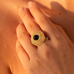 Wholesale Retro Roman Style Geometric Stainless Steel Open Rings 18K Gold Plated with Agate Inlay - coojewelry