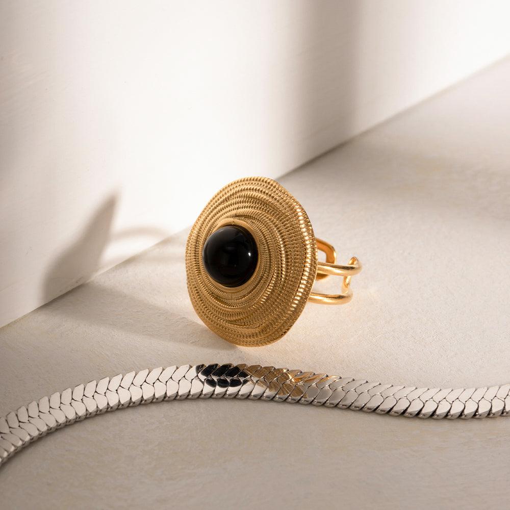 Wholesale Retro Roman Style Geometric Stainless Steel Open Rings 18K Gold Plated with Agate Inlay - coojewelry