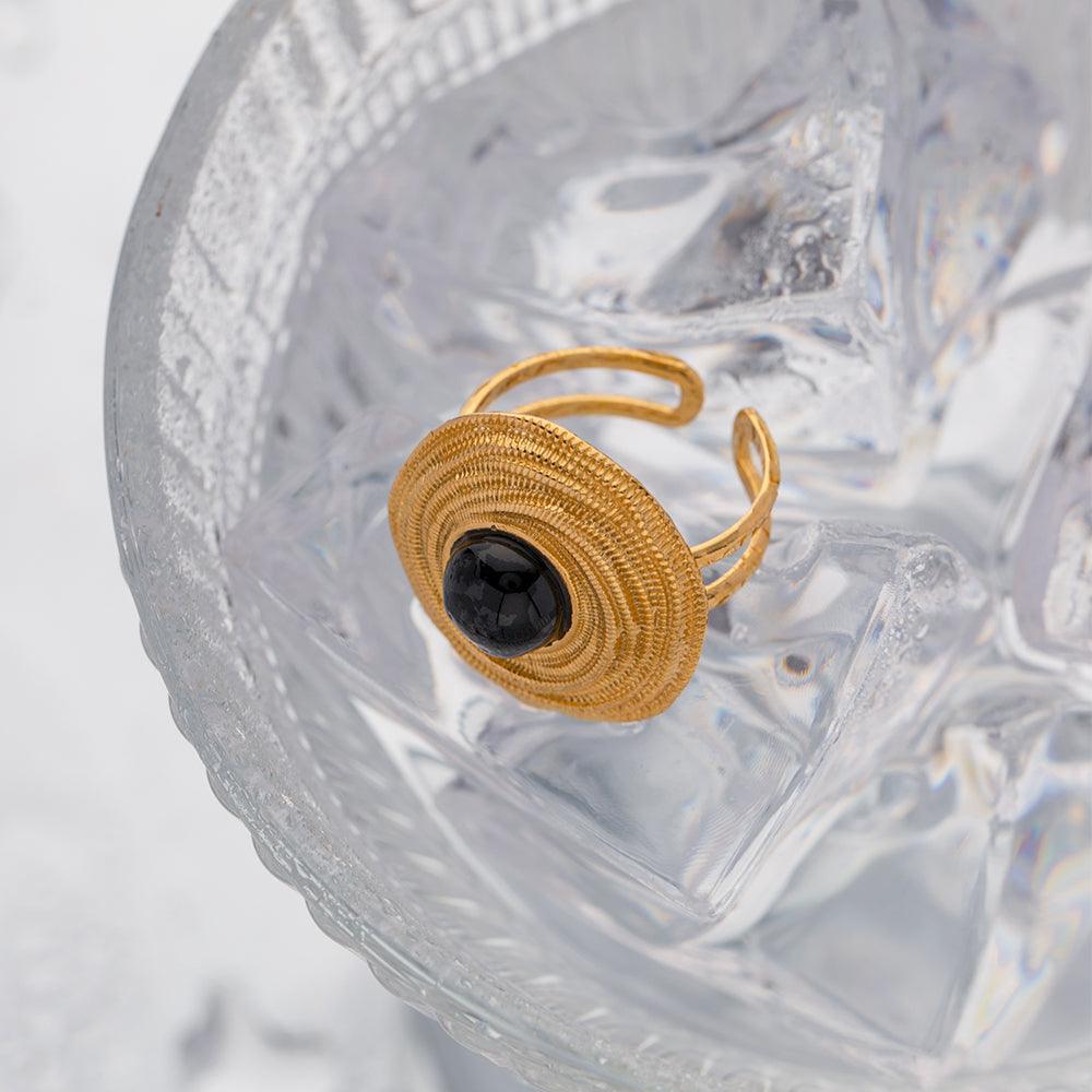 Wholesale Retro Roman Style Geometric Stainless Steel Open Rings 18K Gold Plated with Agate Inlay - coojewelry
