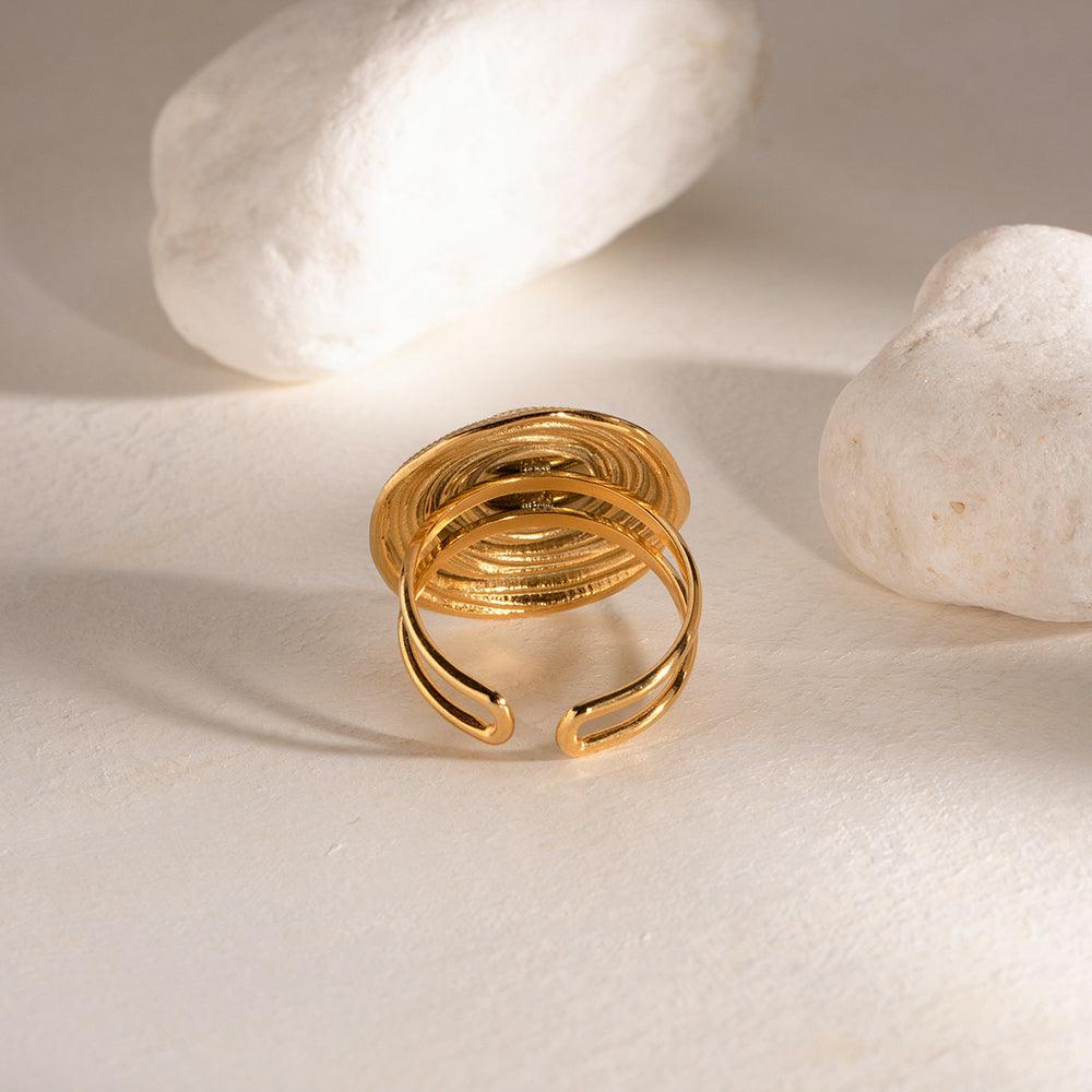 Wholesale Retro Roman Style Geometric Stainless Steel Open Rings 18K Gold Plated with Agate Inlay - coojewelry